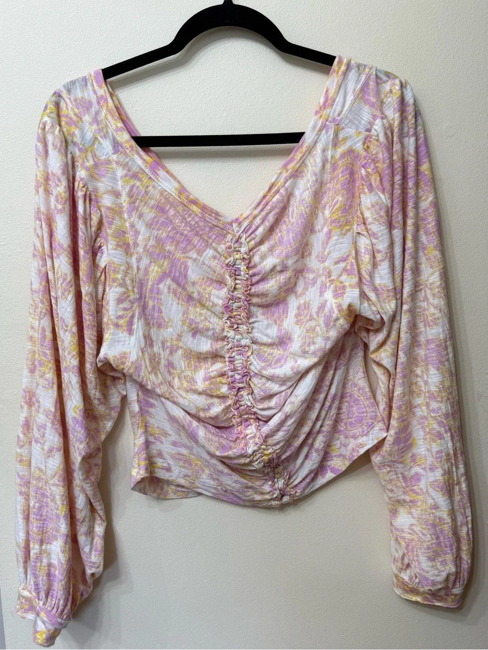 Free People XL Ruched Floral V Neck Long Sleeve Top Boho Colorful Feminine